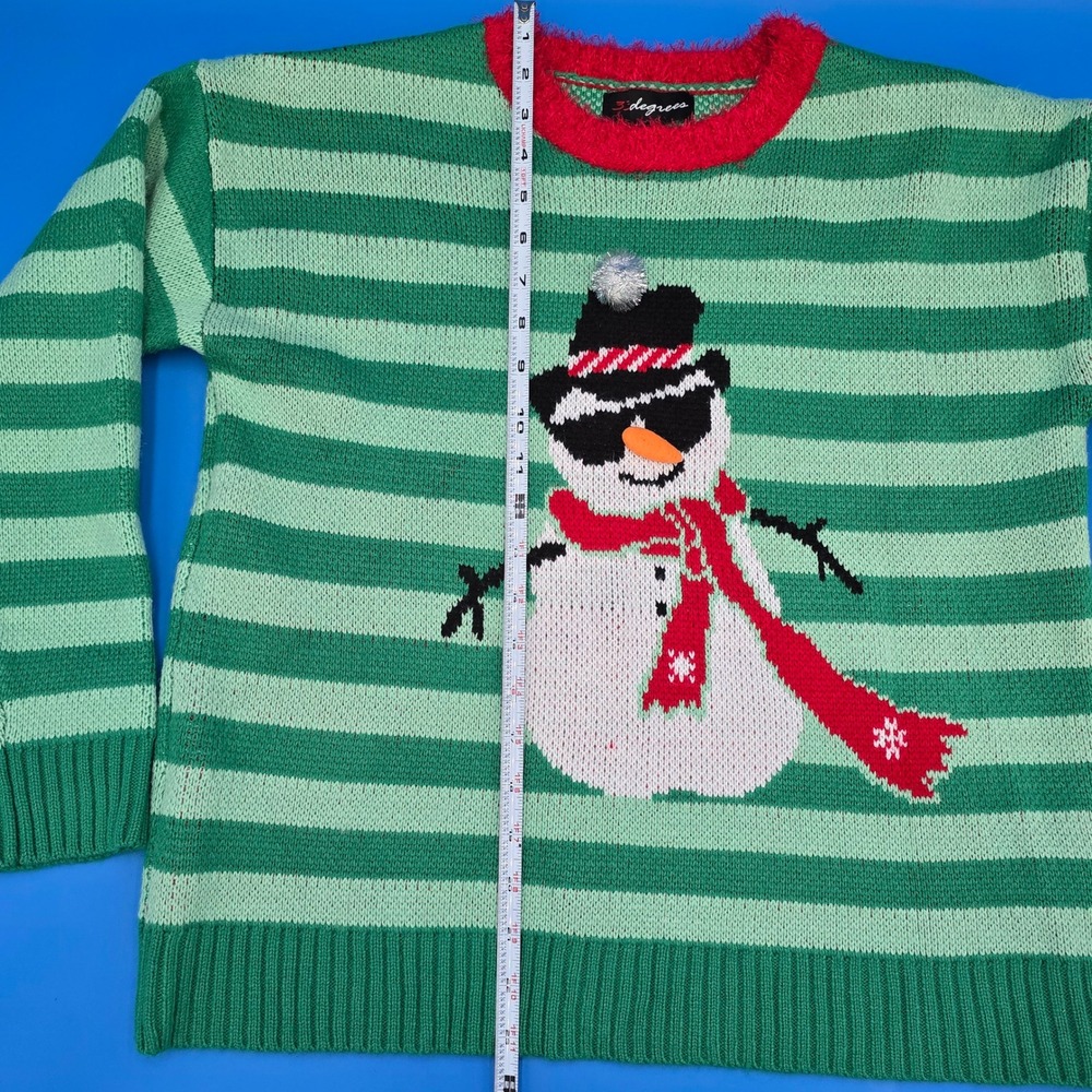 33 Degrees Womens Green‎ Striped Snowman Ugly Christmas Sweater Size S - Picture 7 of 7